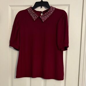 Beaded Collar Short Sleeve Top - Burgundy